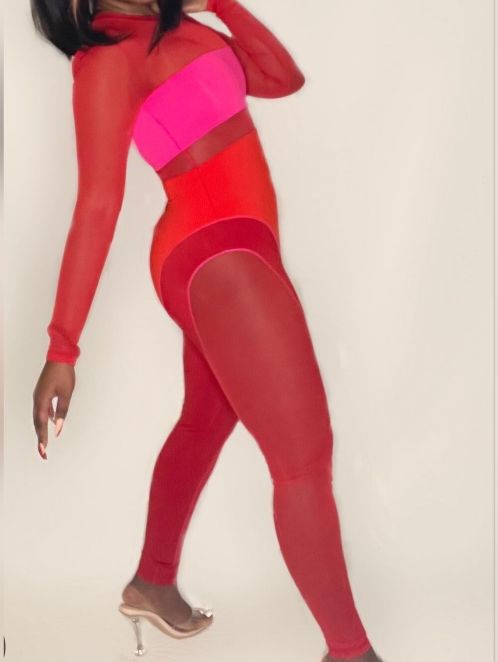 IVY PARK Red and Hot Pink Mesh Colorblock Bodysuit Jumpsuit